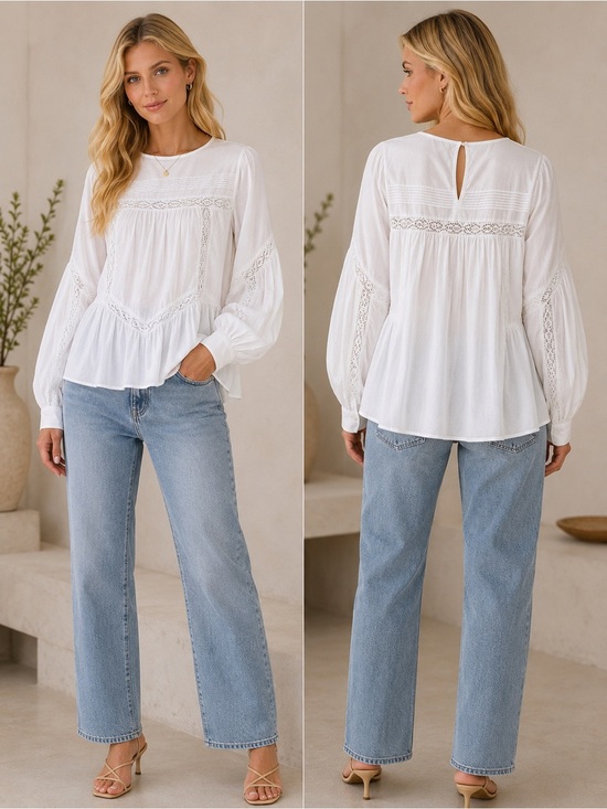 H&M Tops - H&M White Cotton Lace Boho Blouse Top Size 12